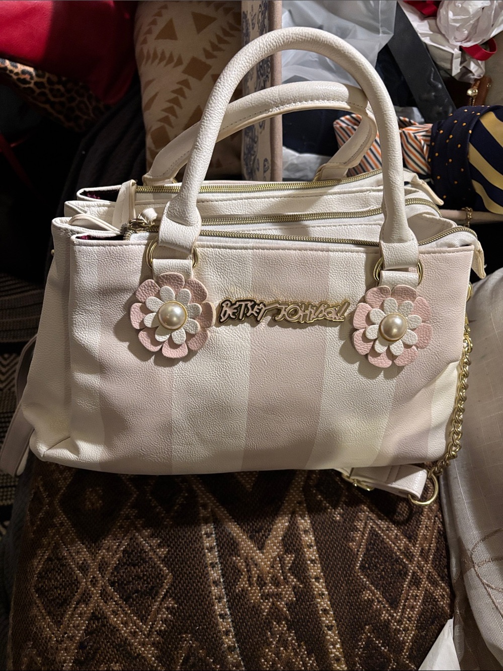 Betsey Johnson Ivory & Blush Floral Appliqué Satchel/ crossbody strap included.